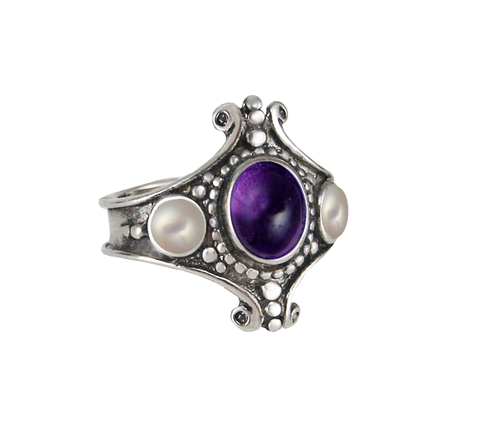 Sterling Silver Imperial Ring With Amethyst And Cultured Freshwater Pearl Size 12